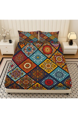 Renkli Karolar Etnik Desenli Lastikli Çift Kişilik Çarşaf Takımı Yastık Kılıflı 160x200cm Renkli Karolar Etnik Desenli Lastikli Çift Kişilik Çarşaf Takımı Yastık Kılıflı 160x200cm