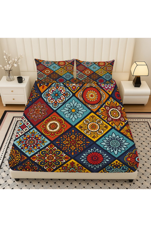 Renkli Karolar Etnik Desenli Lastikli Çift Kişilik Çarşaf Takımı Yastık Kılıflı 160x200cm Renkli Karolar Etnik Desenli Lastikli Çift Kişilik Çarşaf Takımı Yastık Kılıflı 160x200cm