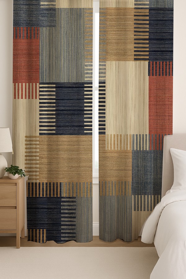Vintage Geometrik Desenli Çift Kanatlı Fon Perde Süet Oturma Odası Salon Mutfak 140x260cm