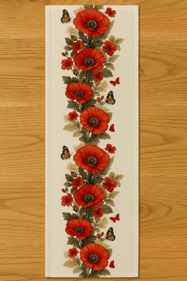 Kelebekli Kırmızı Çiçek Desenli Dijital Baskı Yıkanabilir Dekoratif Runner 40x140cm