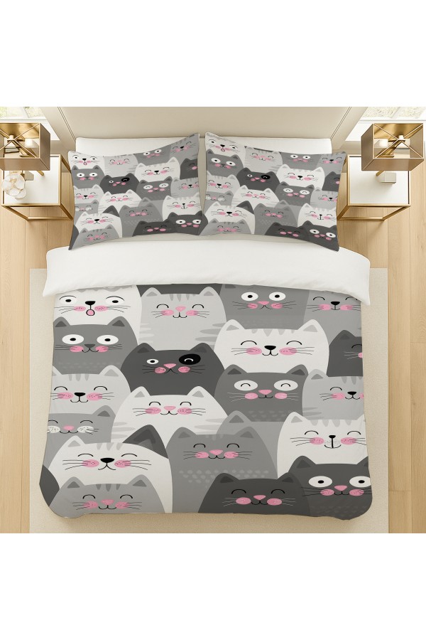 Gri Beyaz Kediler Desenli Pamuk Saten Çift Kişilik Nevresim Takımı 200x220cm Gri Beyaz Kediler Desenli Pamuk Saten Çift Kişilik Nevresim Takımı 200x220cm