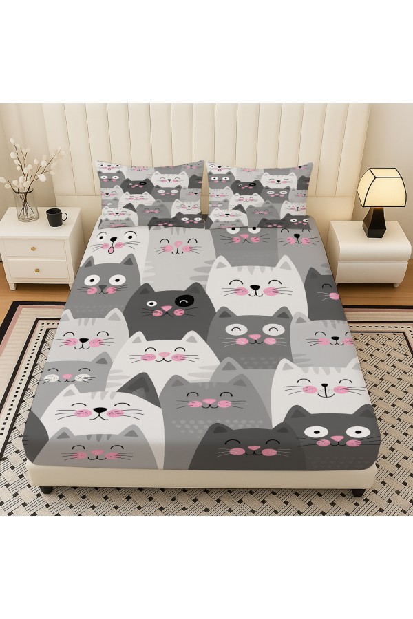 Gri Beyaz Kediler Desenli Lastikli Çift Kişilik Çarşaf Takımı Yastık Kılıflı 160x200cm