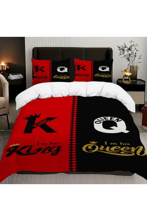 Kırmızı Siyah Kral Kraliçe Desenli Pamuk Saten Çift Kişilik Nevresim Takımı 200x220cm Kırmızı Siyah Kral Kraliçe Desenli Pamuk Saten Çift Kişilik Nevresim Takımı 200x220cm