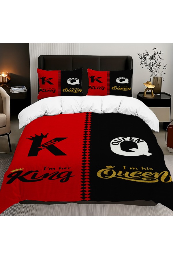 Kırmızı Siyah Kral Kraliçe Desenli Pamuk Saten Çift Kişilik Nevresim Takımı 200x220cm Kırmızı Siyah Kral Kraliçe Desenli Pamuk Saten Çift Kişilik Nevresim Takımı 200x220cm
