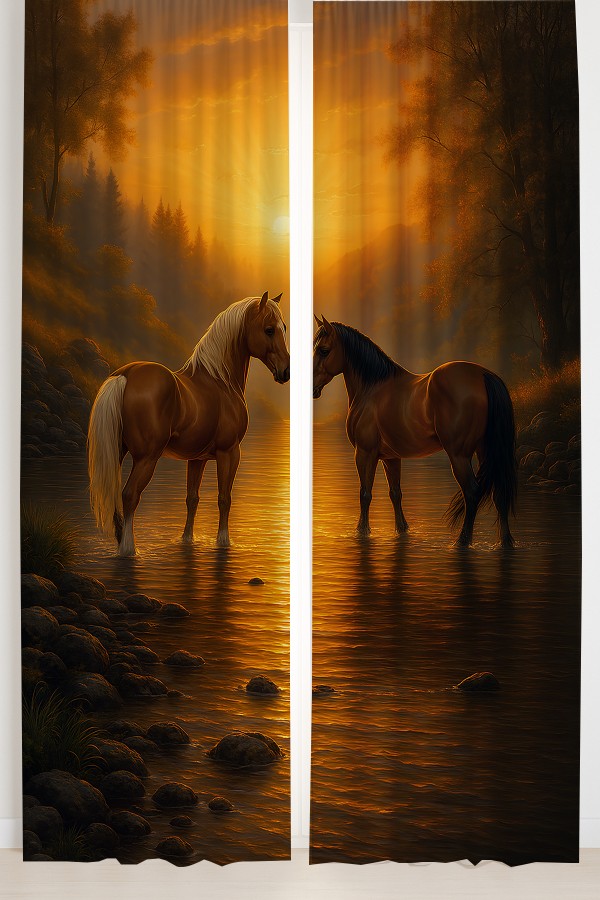 Gün Batımı Atlar Desenli Çift Kanatlı Fon Perde Süet Oturma Odası Salon Mutfak 140x260cm