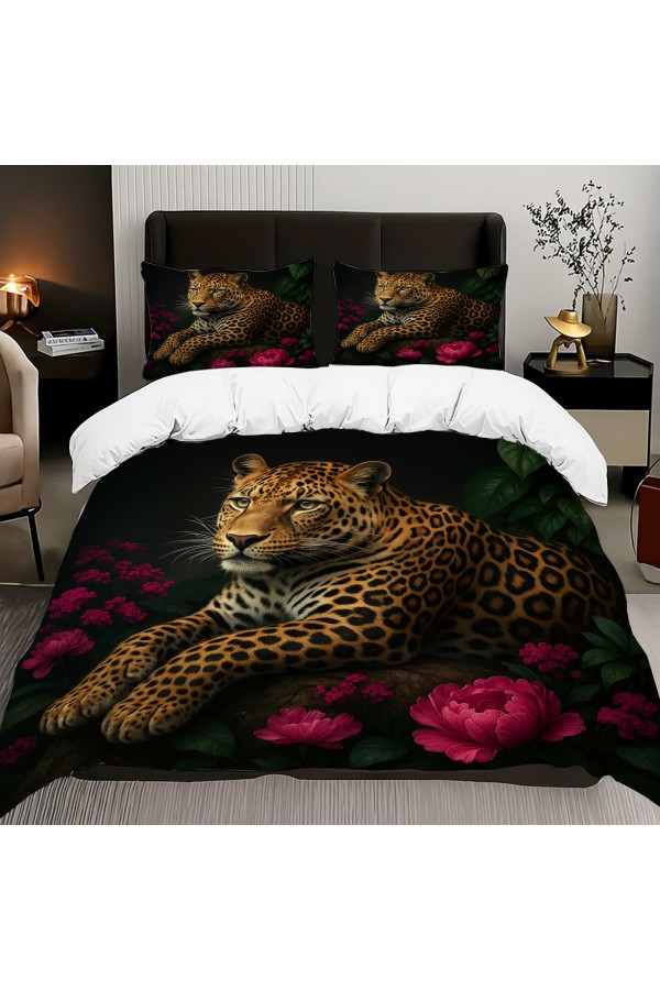 Leopar Gül Desenli Pamuk Saten Çift Kişilik Nevresim Takımı 200x220cm Leopar Gül Desenli Pamuk Saten Çift Kişilik Nevresim Takımı 200x220cm
