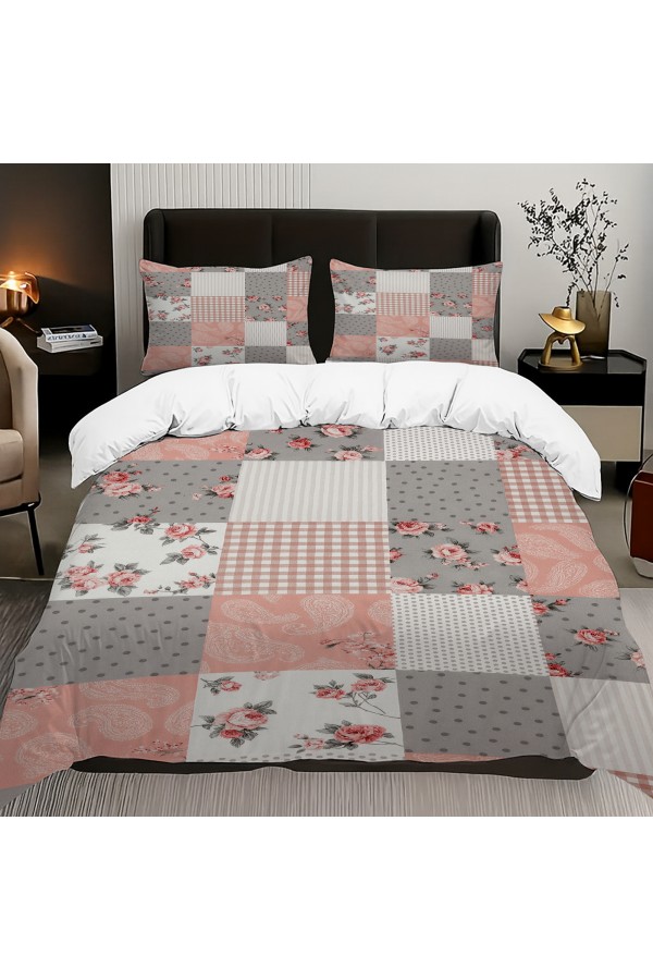 Gri Pembe Retro Çiçek Desenli Pamuk Saten Çift Kişilik Nevresim Takımı 200x220cm Gri Pembe Retro Çiçek Desenli Pamuk Saten Çift Kişilik Nevresim Takımı 200x220cm