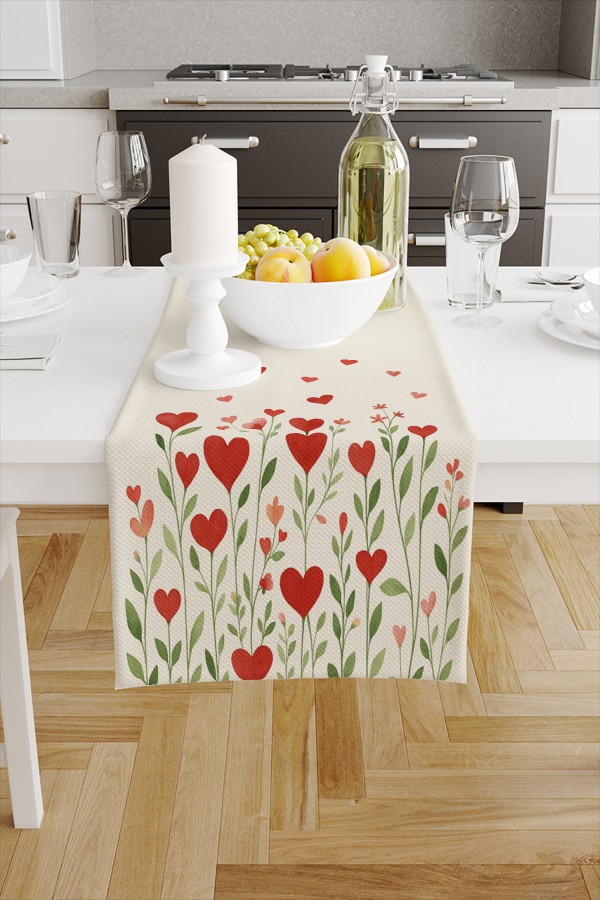 Kırmızı Kalpli Çiçekli Desenli Dijital Baskı Yıkanabilir Dekoratif Runner 40x140cm Kırmızı Kalpli Çiçekli Desenli Dijital Baskı Yıkanabilir Dekoratif Runner 40x140cm