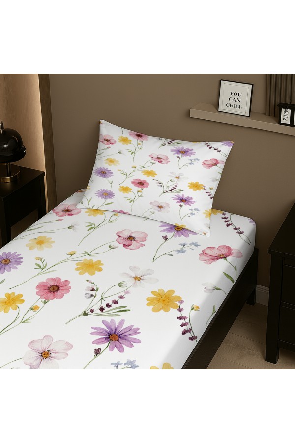 Renkli Bahar Çiçekleri Desenli Lastikli Tek Kişilik Çarşaf Takımı Yastık Kılıflı 100x200cm Renkli Bahar Çiçekleri Desenli Lastikli Tek Kişilik Çarşaf Takımı Yastık Kılıflı 100x200cm