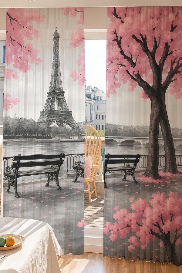 Paris Eyfel Kulesi Pembe Çiçekli Desenli Çift Kanatlı Tül Perde Oturma Odası Salon Mutfak