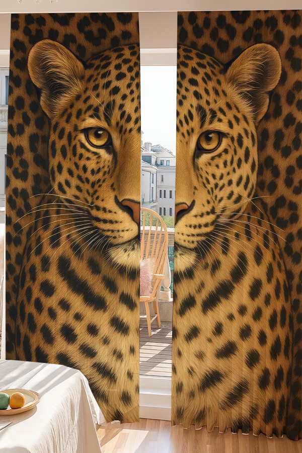 Leopar Desenli Çift Kanatlı Tül Perde Oturma Odası Salon Mutfak 140x260cm