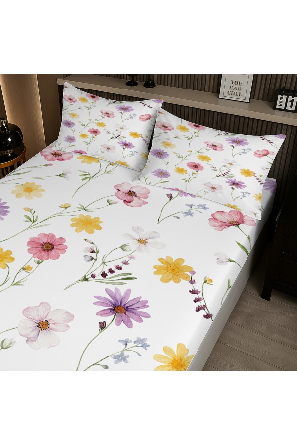 Renkli Bahar Çiçekleri Desenli Lastikli Çift Kişilik Çarşaf Takımı Yastık Kılıflı 160x200cm