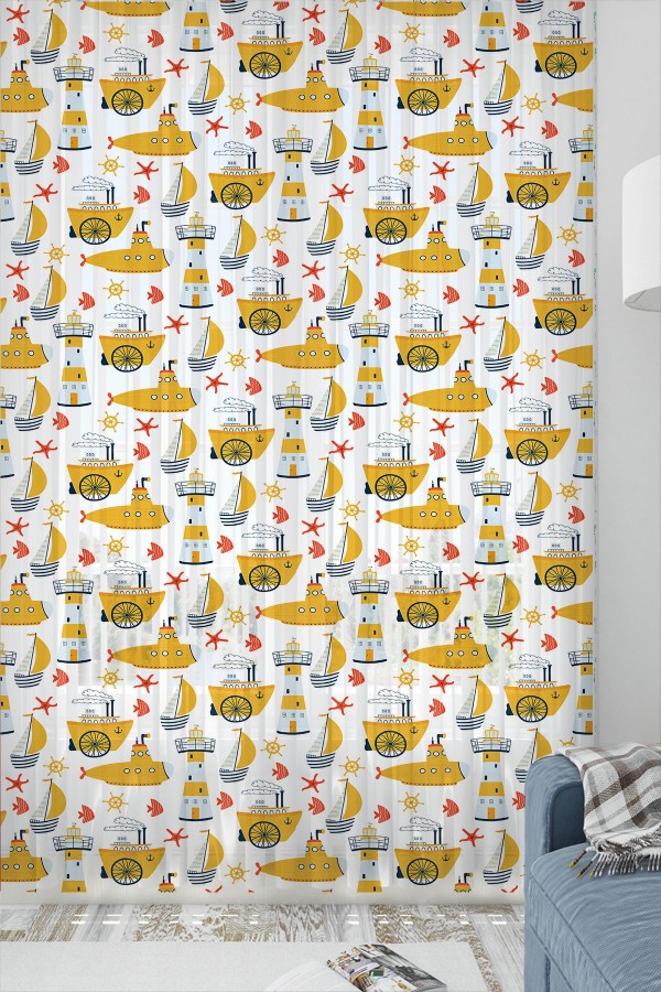Sarı Denizaltı Denizci Gemili Desenli Erkek Çocuk Odası Tül Perde 140x260cm Sarı Denizaltı Denizci Gemili Desenli Erkek Çocuk Odası Tül Perde 140x260cm