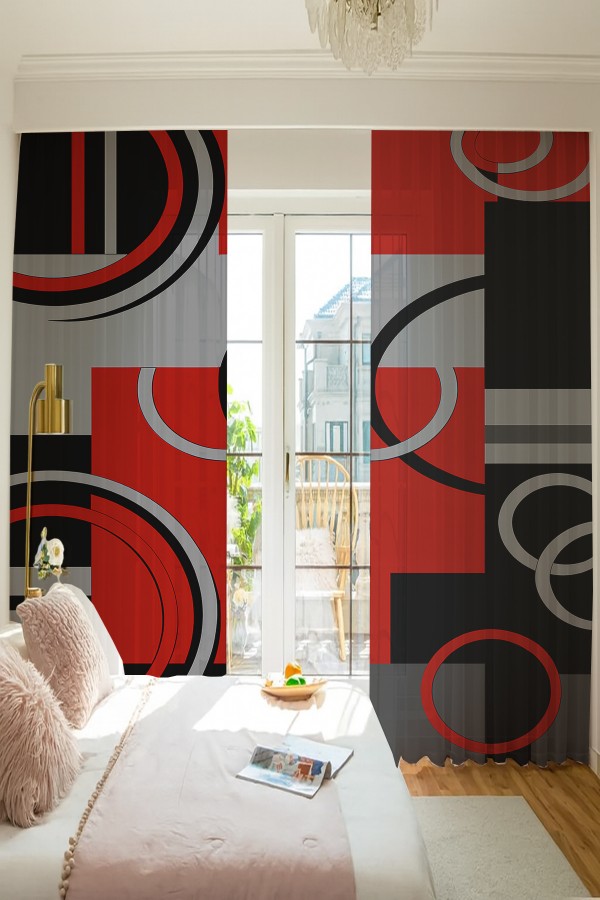 Kırmızı Siyah Gri Geometrik Desenli Çift Kanatlı Tül Perde Oturma Odası Salon Mutfak 140x260cm