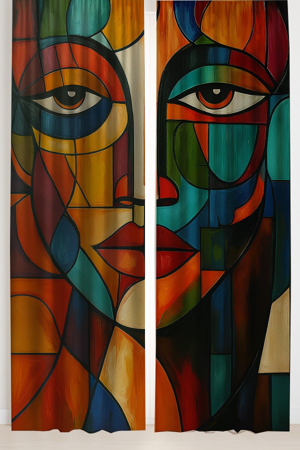 Soyut Yüz Desenli Çift Kanatlı Fon Perde Süet Oturma Odası Salon Mutfak 140x260cm