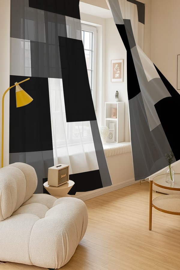 Siyah Gri Blok Geometrik Desenli Çift Kanatlı Tül Perde Oturma Odası Salon Mutfak 140x260cm