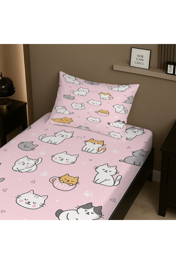 Pembe Sevimli Kediler Desenli Lastikli Tek Kişilik Çarşaf Takımı Yastık Kılıflı 100x200cm Pembe Sevimli Kediler Desenli Lastikli Tek Kişilik Çarşaf Takımı Yastık Kılıflı 100x200cm