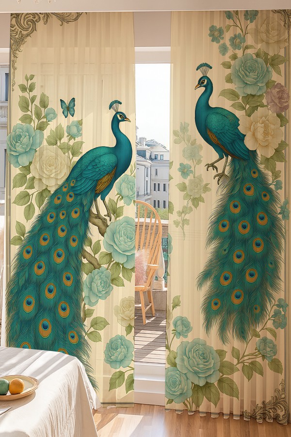 Vintage Tavus Kuşu Desenli Çift Kanatlı Tül Perde Oturma Odası Salon Mutfak 140x260cm