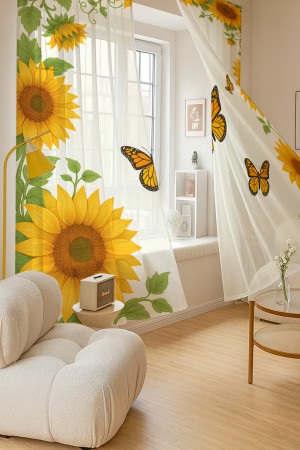 Ayçiçeği Çiçekler Desenli Çift Kanatlı Tül Perde Oturma Odası Salon Mutfak 140x260cm Ayçiçeği Çiçekler Desenli Çift Kanatlı Tül Perde Oturma Odası Salon Mutfak 140x260cm