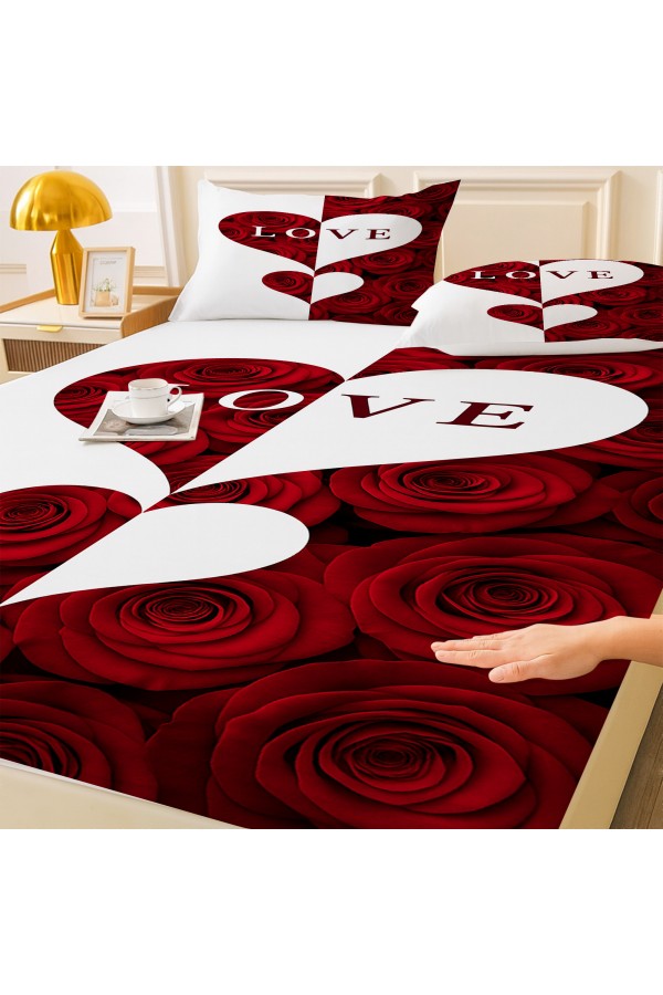 Kırmızı Beyaz Kalp Aşk Çiçekli Desenli Lastikli Çift Kişilik Çarşaf Takımı Yastık Kılıflı 160x200cm