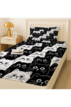 Siyah Beyaz Kediler Desenli Lastikli Tek Kişilik Çarşaf Takımı Yastık Kılıflı 100x200cm Siyah Beyaz Kediler Desenli Lastikli Tek Kişilik Çarşaf Takımı Yastık Kılıflı 100x200cm