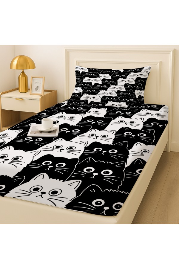 Siyah Beyaz Kediler Desenli Lastikli Tek Kişilik Çarşaf Takımı Yastık Kılıflı 100x200cm Siyah Beyaz Kediler Desenli Lastikli Tek Kişilik Çarşaf Takımı Yastık Kılıflı 100x200cm