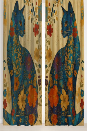 Vintage Kedi Çiçek Desenli Çift Kanatlı Fon Perde Süet Oturma Odası Salon Mutfak 140x260cm Vintage Kedi Çiçek Desenli Çift Kanatlı Fon Perde Süet Oturma Odası Salon Mutfak 140x260cm