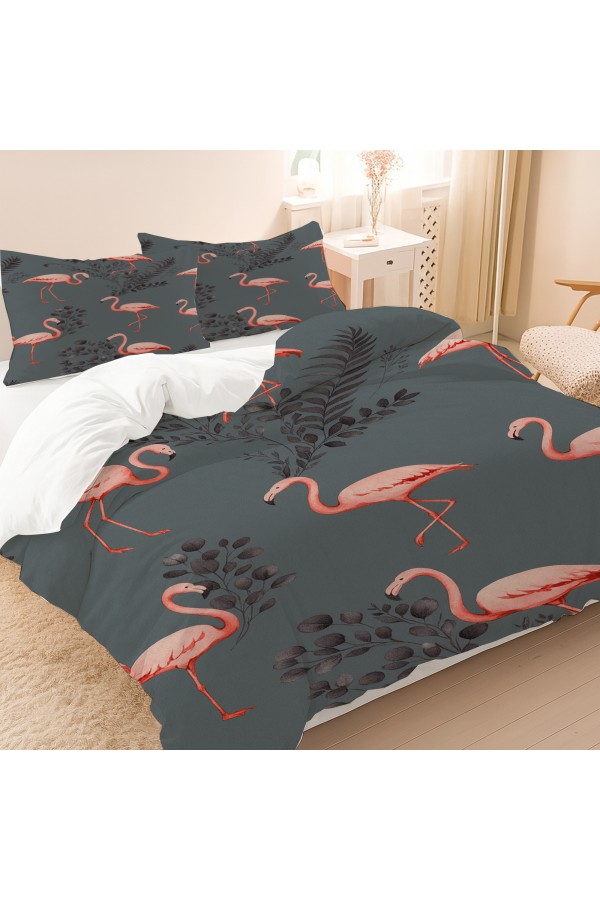 Pembe Flamingo Gri Desenli Pamuk Saten Çift Kişilik Nevresim Takımı 200x220cm Pembe Flamingo Gri Desenli Pamuk Saten Çift Kişilik Nevresim Takımı 200x220cm