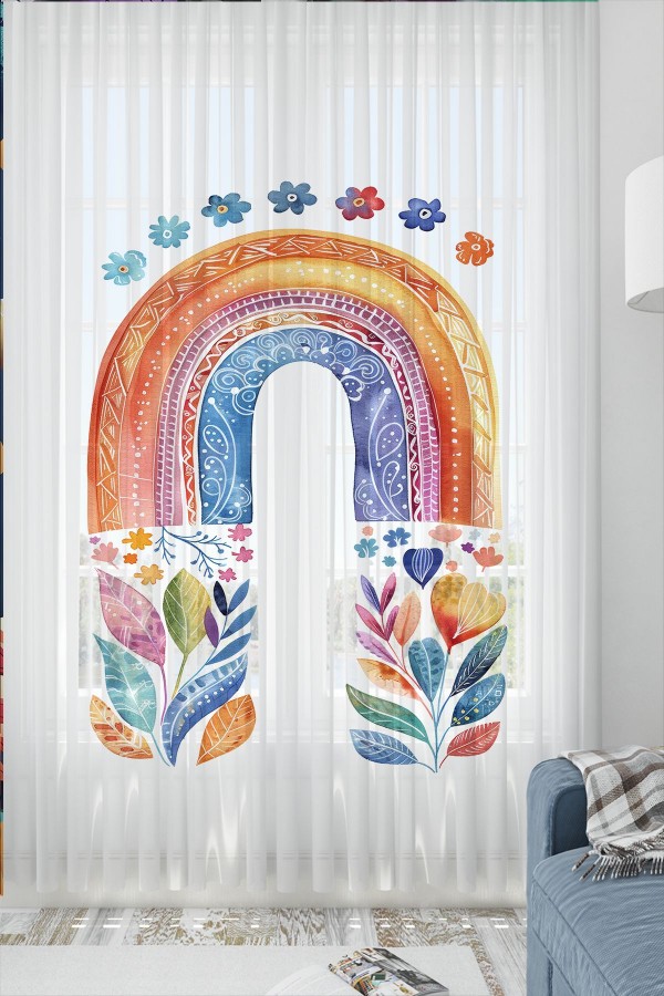 Boho Gökkuşağı Sulu boya Desenli Kız Çocuk Odası Tül Perde 140x260cm Boho Gökkuşağı Sulu boya Desenli Kız Çocuk Odası Tül Perde 140x260cm