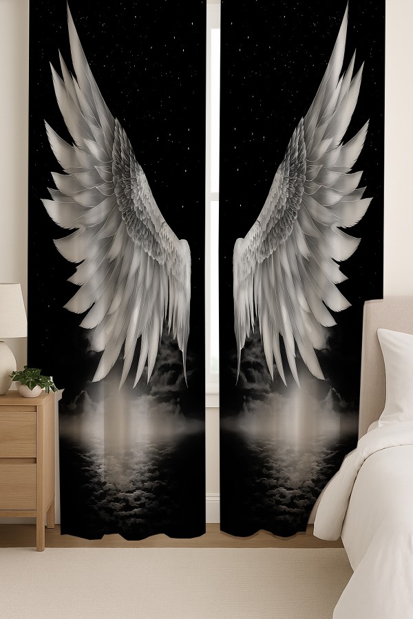 Melek Kanadı Siyah Beyaz Desenli Çift Kanatlı Fon Perde Süet Oturma Odası Salon Mutfak 140x260cm