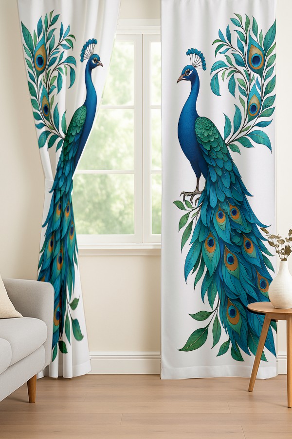Mavi Tavus Kuşu Desenli Çift Kanatlı Fon Perde Süet Oturma Odası Salon Mutfak 140x260cm