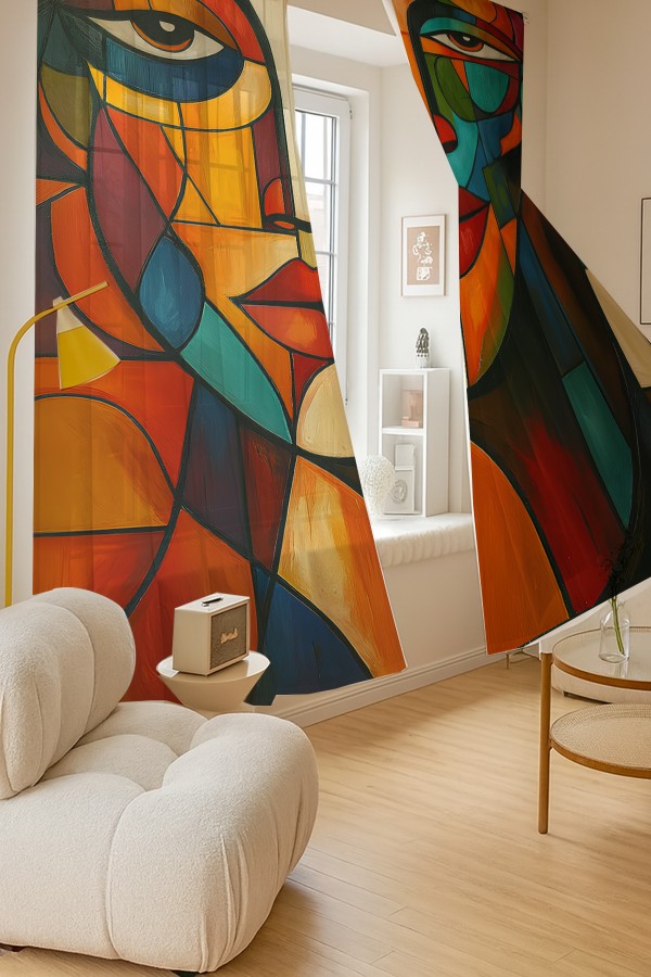 Soyut Yüz Desenli Çift Kanatlı Tül Perde Oturma Odası Salon Mutfak 140x260cm