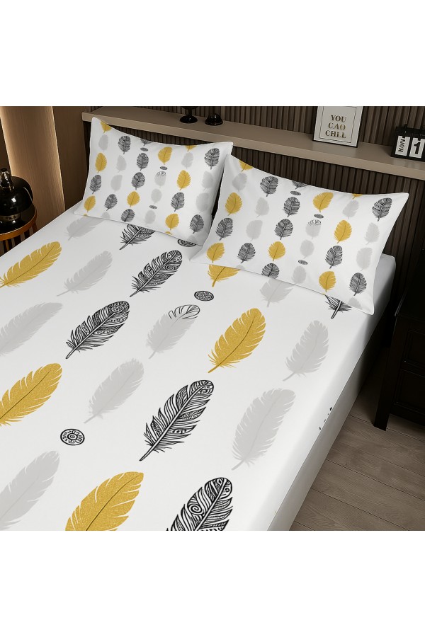 Sarı Gri Etnik Tüyler Desenli Lastikli Çift Kişilik Çarşaf Takımı Yastık Kılıflı 160x200cm