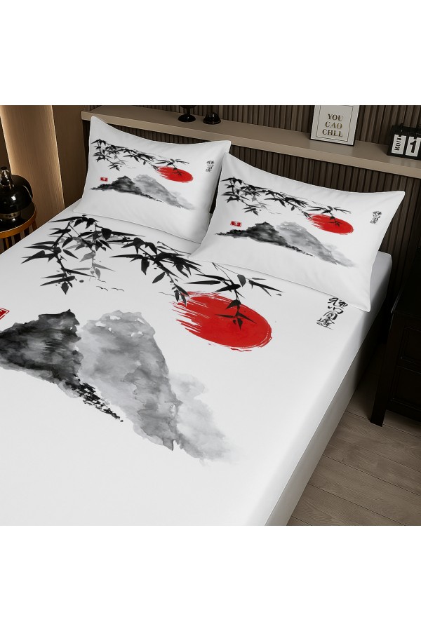 Japon Dağları Manzara Desenli Lastikli Çift Kişilik Çarşaf Takımı Yastık Kılıflı 160x200cm