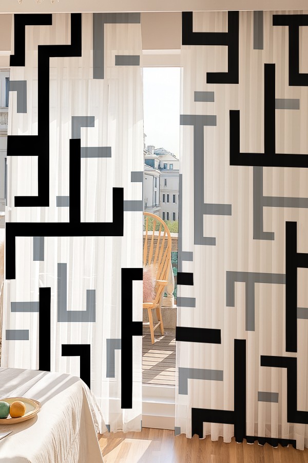 Siyah Gri Geometrik Desenli Çift Kanatlı Tül Perde Oturma Odası Salon Mutfak 140x260cm
