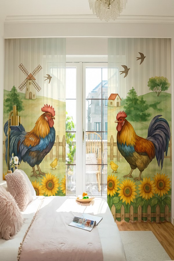 Horoz Çiftlik Desenli Çift Kanatlı Tül Perde Oturma Odası Salon Mutfak 140x260cm