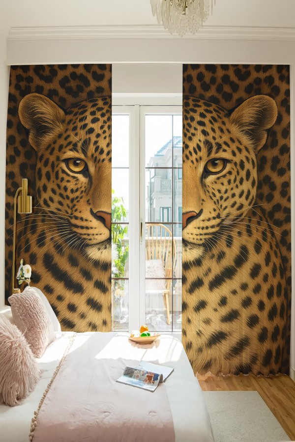 Leopar Desenli Çift Kanatlı Tül Perde Oturma Odası Salon Mutfak 140x260cm