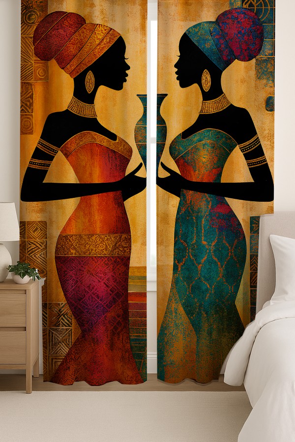 Afrika Silüet Kadın Etnik Desenli Çift Kanatlı Fon Perde Süet Oturma Odası Salon Mutfak 140x260cm