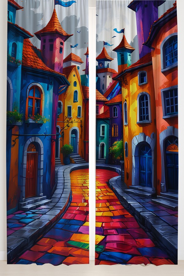 Renkli Sokak Manzaralı Desenli Çift Kanatlı Fon Perde Süet Oturma Odası Salon Mutfak 140x260cm