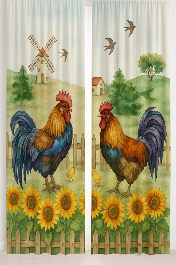 Horoz Çiftlik Desenli Çift Kanatlı Fon Perde Süet Oturma Odası Salon Mutfak 140x260cm