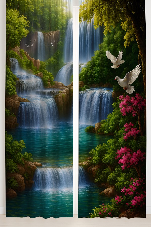 Doğa Manzaralı Şelale Kuş Desenli Çift Kanatlı Fon Perde Süet Oturma Odası Salon Mutfak 140x260cm