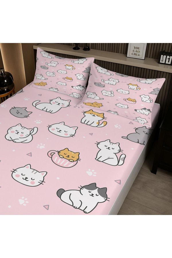 Pembe Sevimli Kediler Desenli Lastikli Çift Kişilik Çarşaf Takımı Yastık Kılıflı 160x200cm