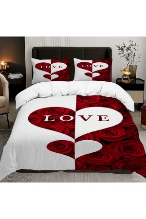 Kırmızı Beyaz Kalp Aşk Çiçekli Desenli Pamuk Saten Çift Kişilik Nevresim Takımı 200x220cm Kırmızı Beyaz Kalp Aşk Çiçekli Desenli Pamuk Saten Çift Kişilik Nevresim Takımı 200x220cm