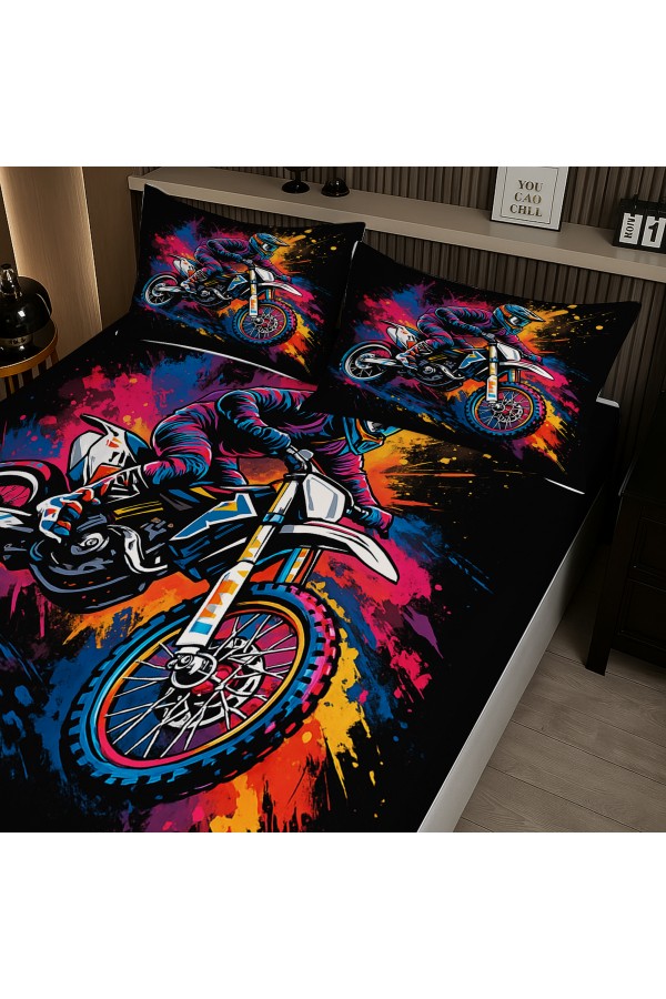 Renkli Motorcu Desenli Lastikli Çift Kişilik Çarşaf Takımı Yastık Kılıflı 160x200cm Renkli Motorcu Desenli Lastikli Çift Kişilik Çarşaf Takımı Yastık Kılıflı 160x200cm