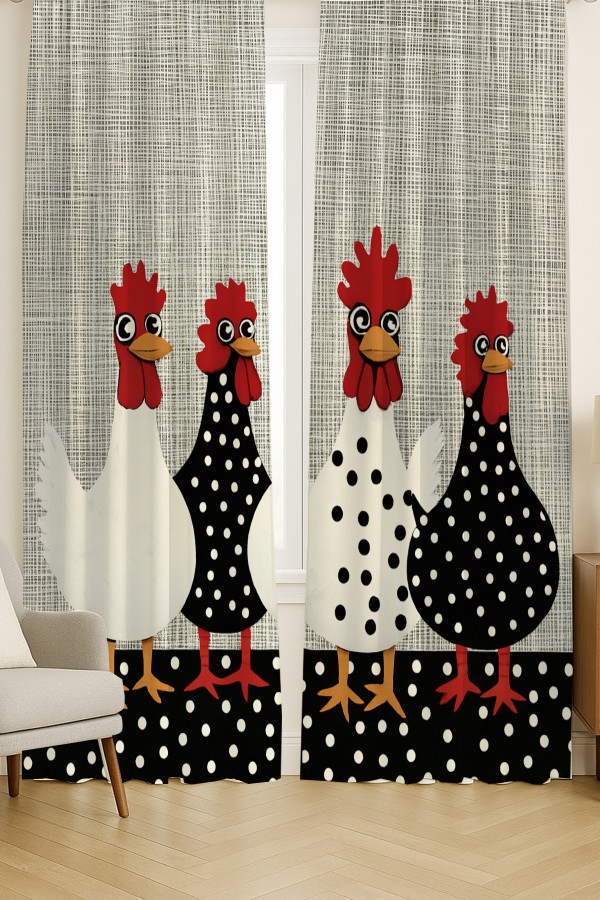 Tavuk Horoz Polka Dot Desenli Çift Kanatlı Fon Perde Süet Oturma Odası Salon Mutfak 140x260cm