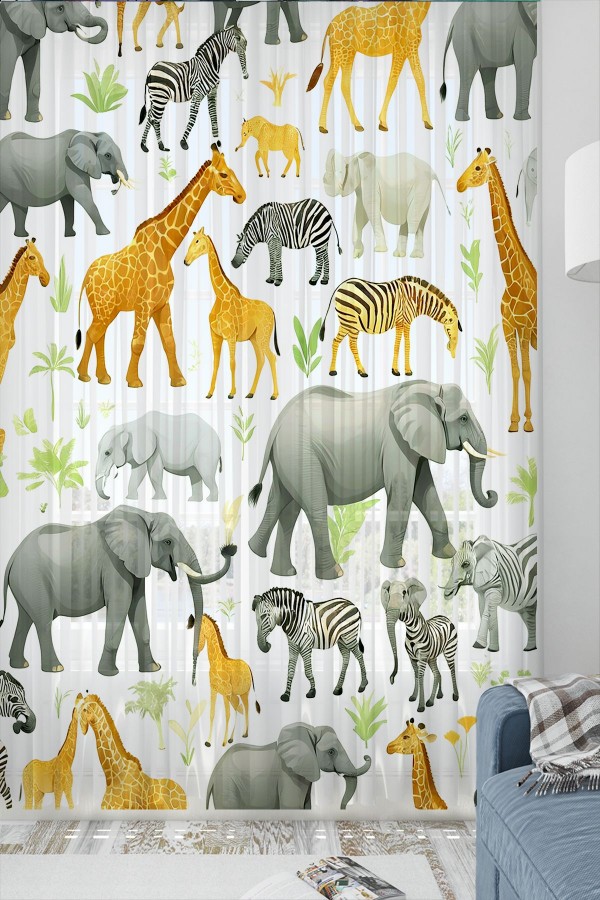 Safari Afrika Hayvanları Desenli Erkek Çocuk Odası Tül Perde 140x260cm Safari Afrika Hayvanları Desenli Erkek Çocuk Odası Tül Perde 140x260cm