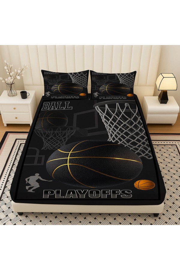 Basketbol Desenli Lastikli Çift Kişilik Çarşaf Takımı Yastık Kılıflı 160x200cm