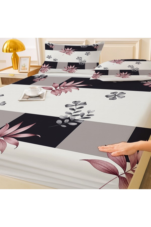 Geometrik Çiçek Desenli Lastikli Çift Kişilik Çarşaf Takımı Yastık Kılıflı 160x200cm