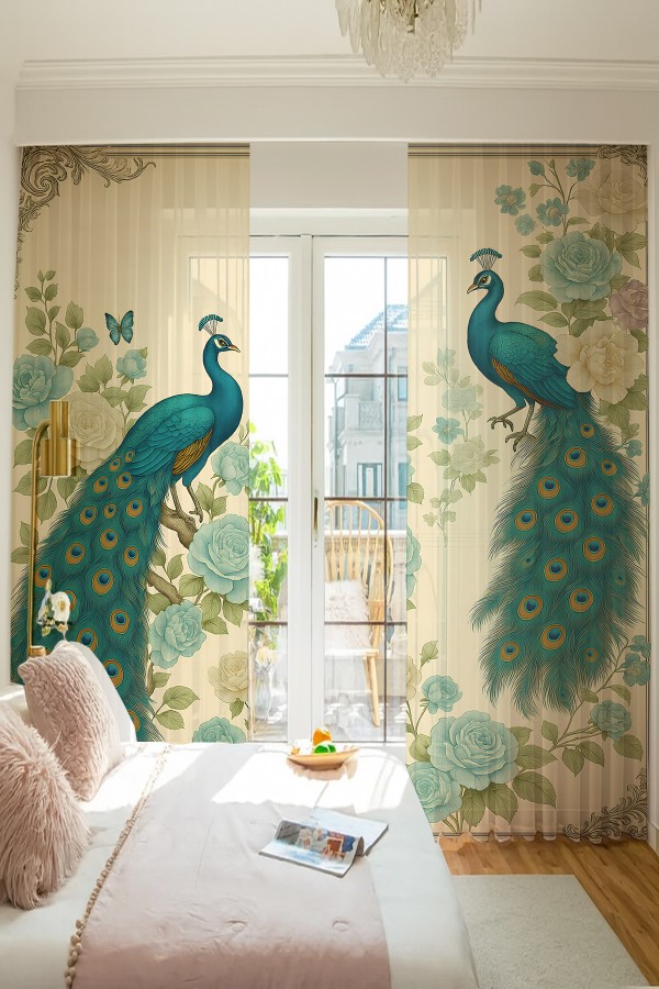 Vintage Tavus Kuşu Desenli Çift Kanatlı Tül Perde Oturma Odası Salon Mutfak 140x260cm