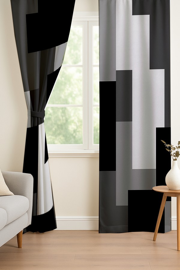 Siyah Gri Blok Geometrik Desenli Çift Kanatlı Fon Perde Süet Oturma Odası Salon Mutfak 140x260cm